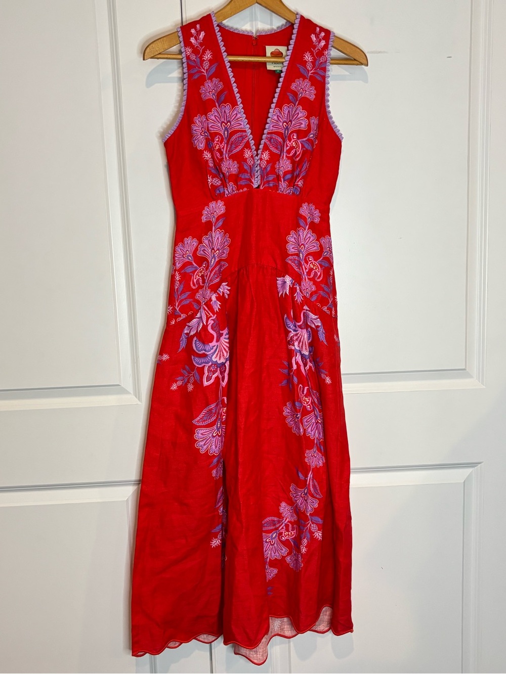 Farm Rio Porcelain Garden Red Purple Sleeveless Deep V Linen Maxi Dress XS - Picture 2 of 12